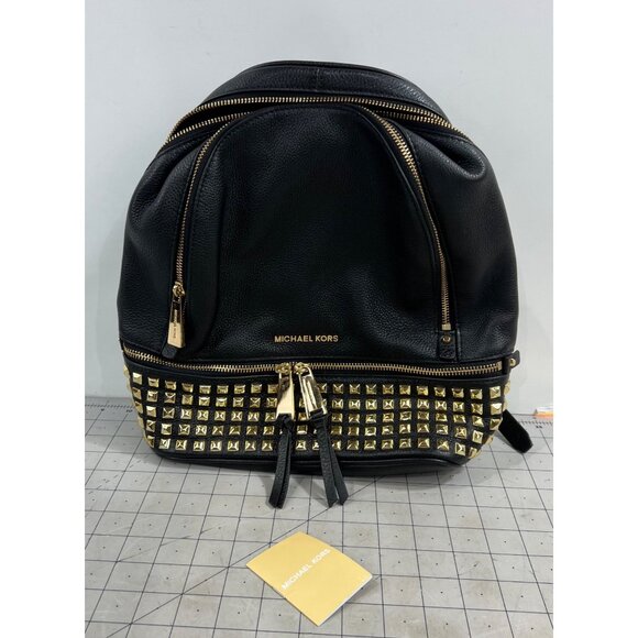 Michael Kors Handbags - Michael Kors Black Leather Studded Rhea Zip Backpack  Gold Hardware